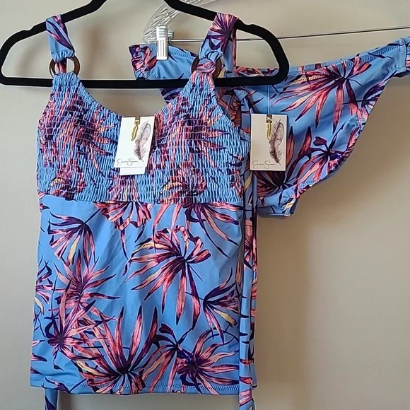 JESSICA SIMPSON Smocked Tankini Swim Top & Matching Bikini Bottom Botanical XL - Picture 14 of 16